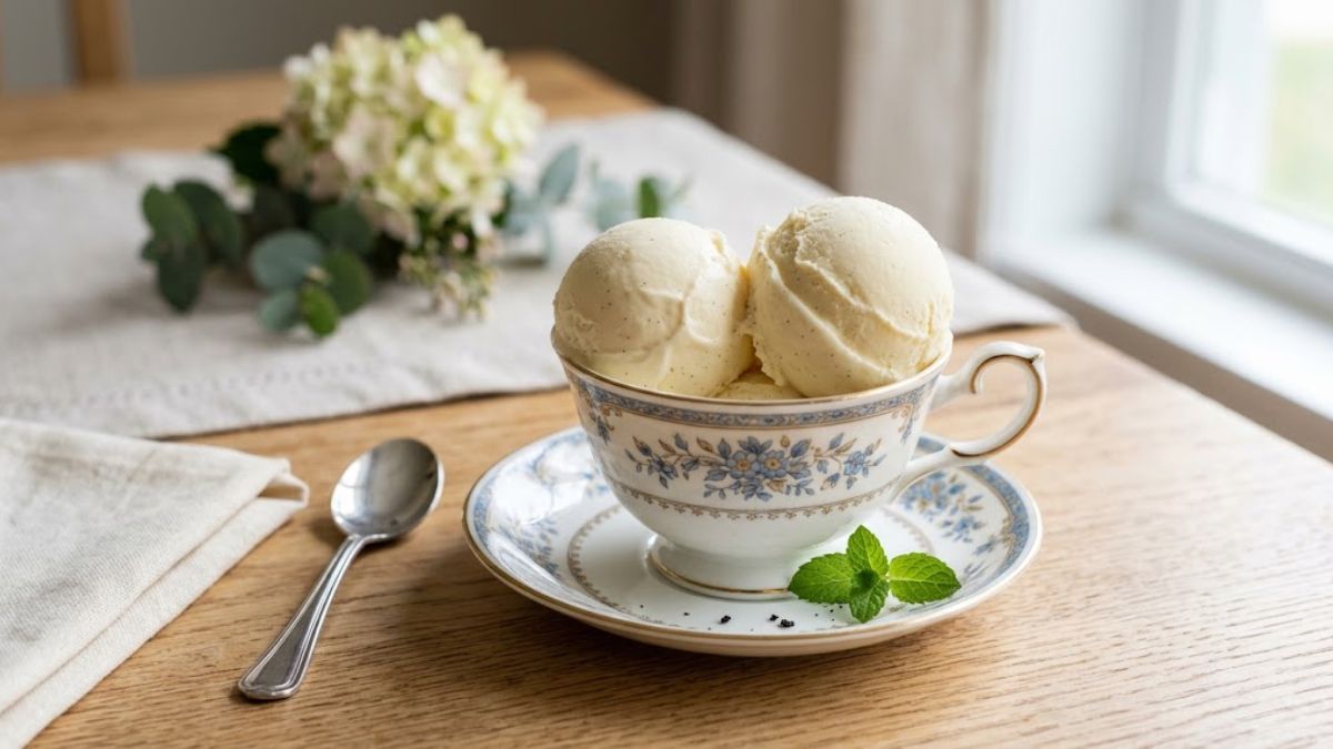 Creamy sugar free vanilla ice cream in a tea cup