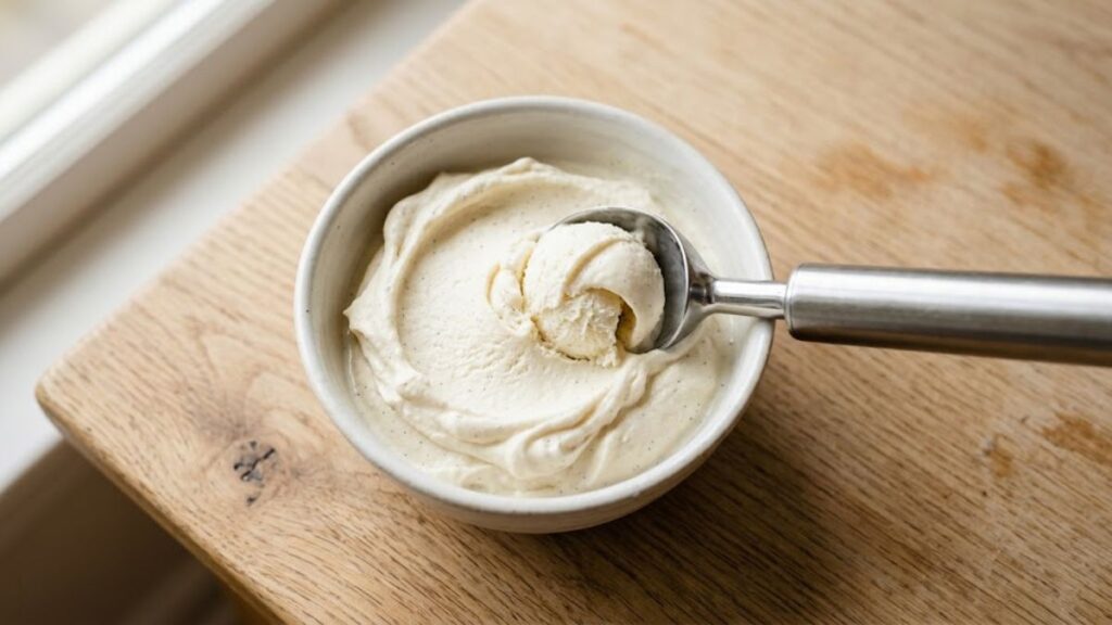 Creamy homemade ice cream without an ice cream maker in a white bowl