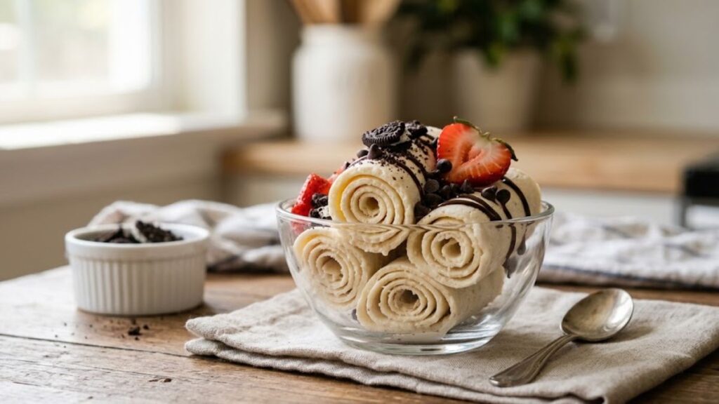 Homemade rolled ice cream served with toppings