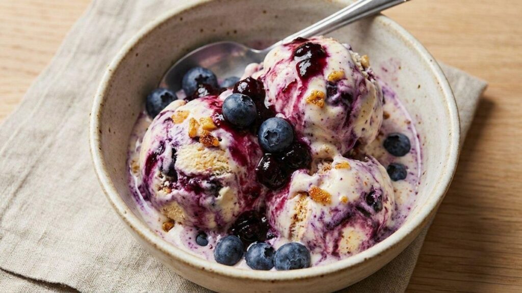 Blueberry cheesecake ice cream with blueberry swirls and graham cracker crumbs
