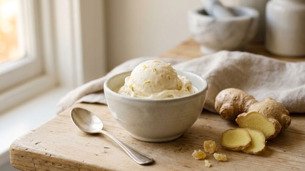 Homemade ginger ice cream with fresh ginger