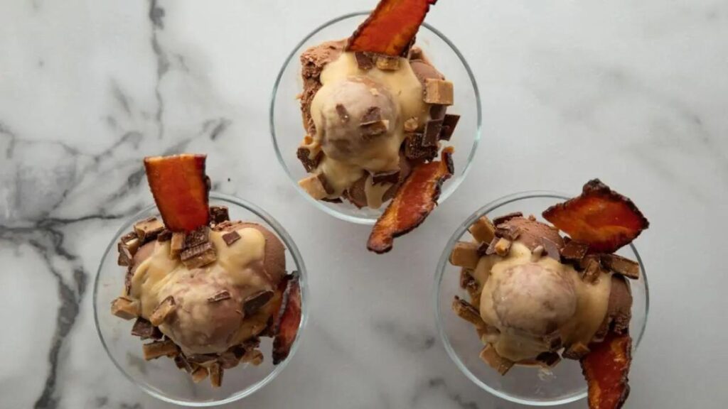 - Maple bacon crunch ice cream topped with crispy bacon and toffee pieces