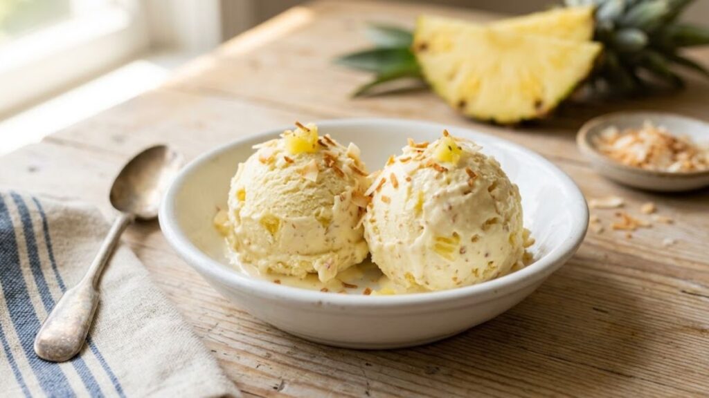 Creamy no churn pineapple ice cream scooped into a white bowl with pineapple pieces