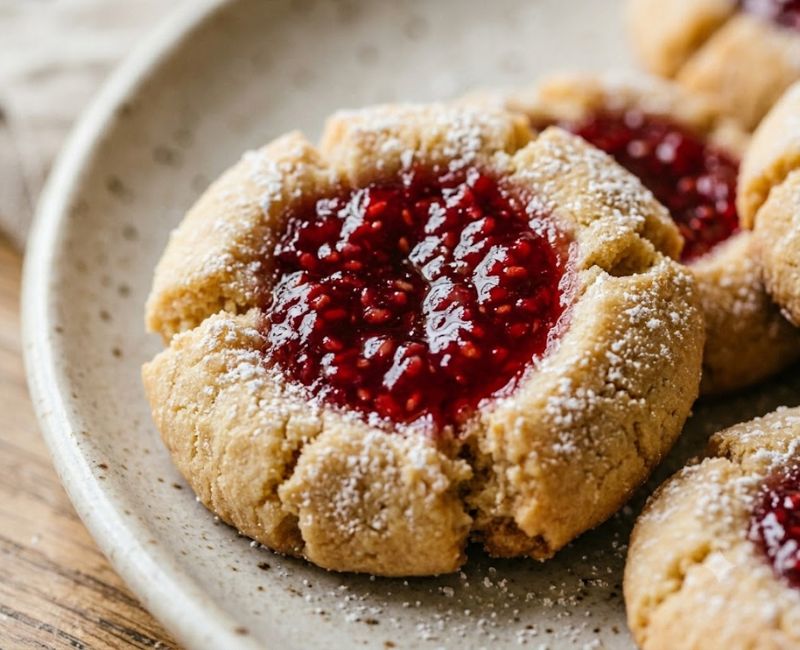 Close-up view of a classic thumbprint cookie with fruit jam filling in the center