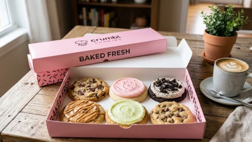 Fresh Crumbl cookies in a pink box with assorted weekly gourmet flavors