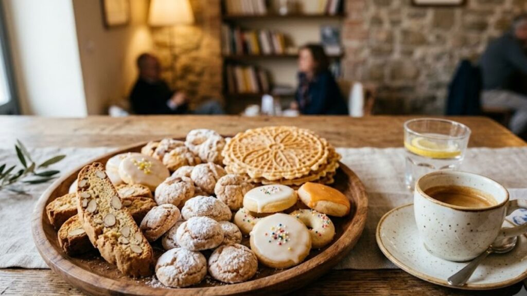 Traditional Italian cookies served on a wooden platter with coffee