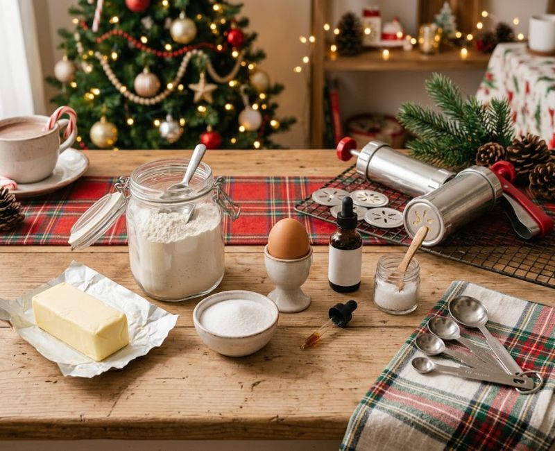 Ingredients for a homemade spritz cookie recipe