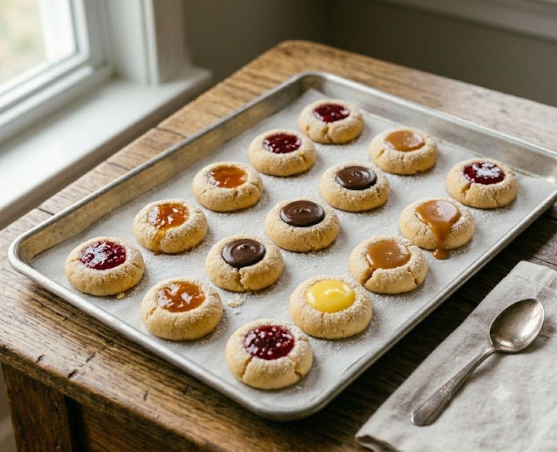 Assorted thumbprint cookies featuring raspberry, strawberry, chocolate, caramel, and lemon fillings