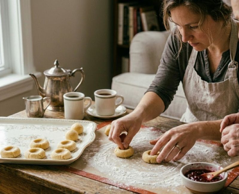 Baker adding fruit jam filling to thumbprint cookies before baking