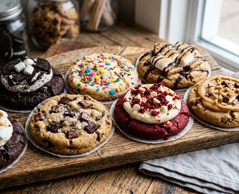 Assorted gourmet Crumbl cookies with premium toppings and frosting