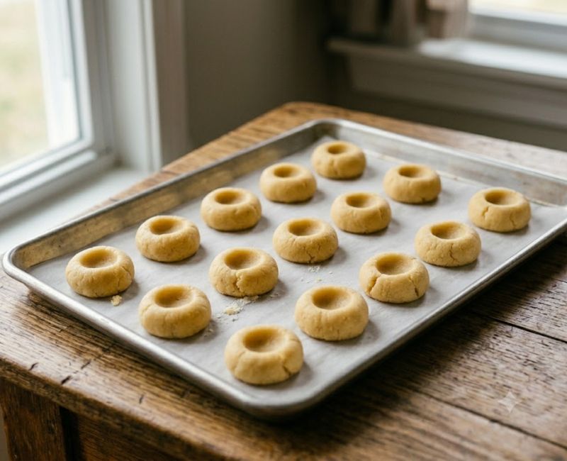 Prepared cookie dough balls with thumbprint indentations ready for baking