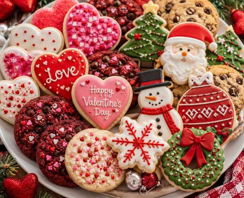 Festive red velvet cookies arranged for Valentine's Day and holiday celebrations