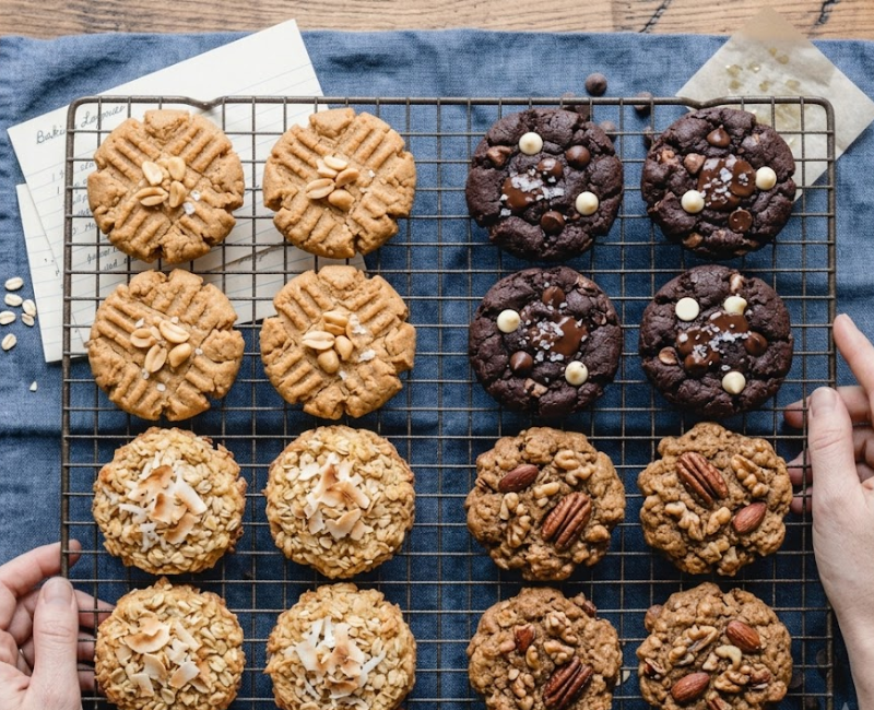 Different oats cocoa cookies variations with chocolate and nuts