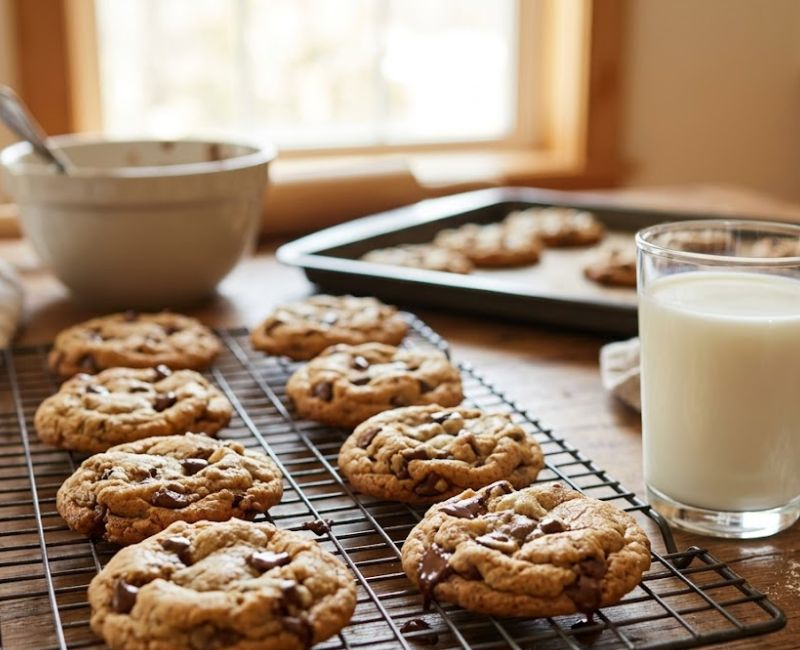 Fresh homemade chocolate chip cookies cooling on a wire rack