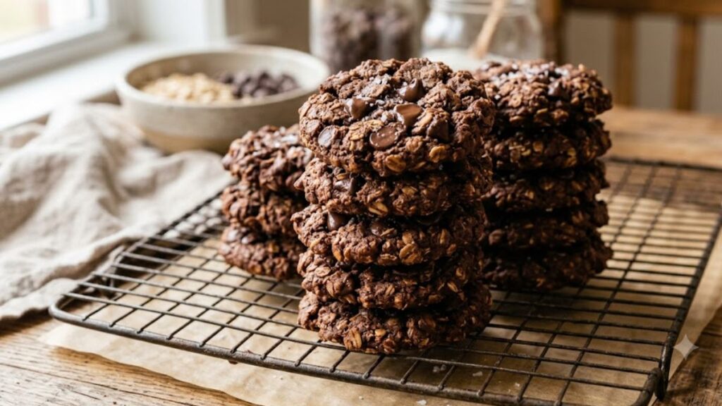 Fresh homemade oats cocoa cookies with rolled oats and dark chocolate chips