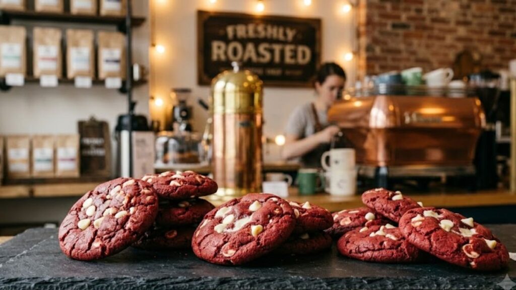 Soft homemade red velvet cookies with white chocolate chips on a cooling rack