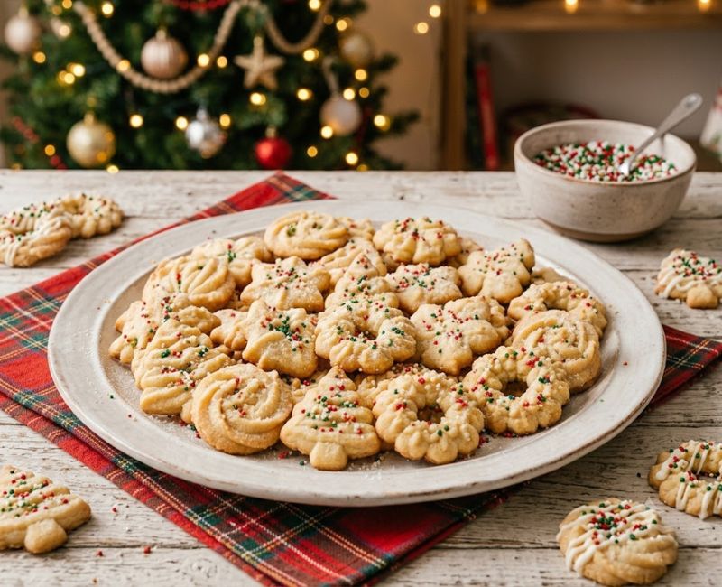 Decorated Christmas spritz cookies with chocolate drizzle