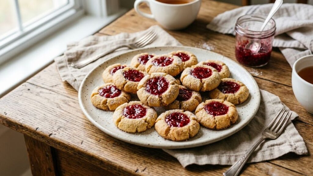 Thumbprint cookie with raspberry jam filling served on a wooden table