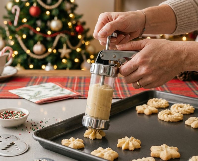 Using a cookie press to make homemade spritz cookies