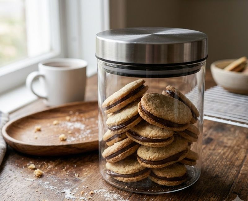 Homemade milano cookies stored in an airtight container