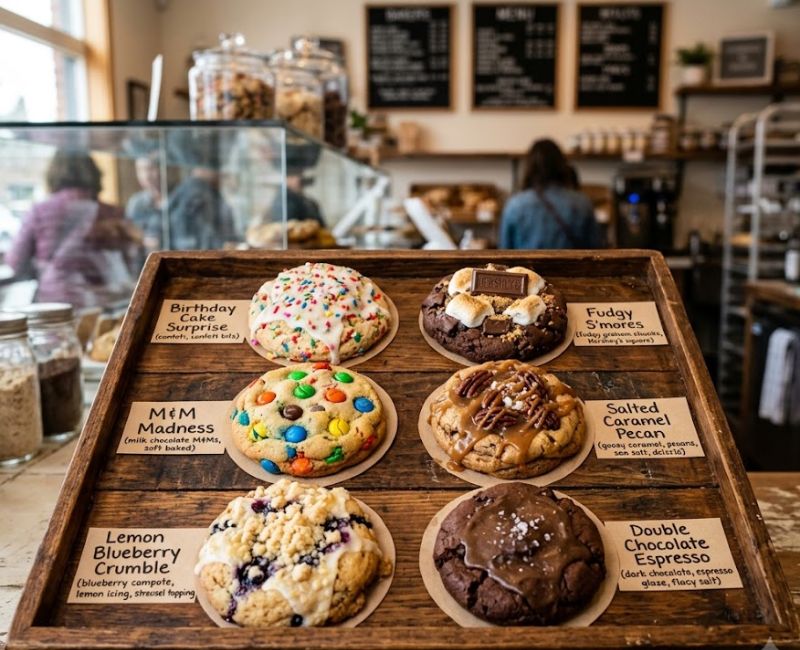 Weekly cookie flavors featuring chocolate, cheesecake, and seasonal gourmet cookies