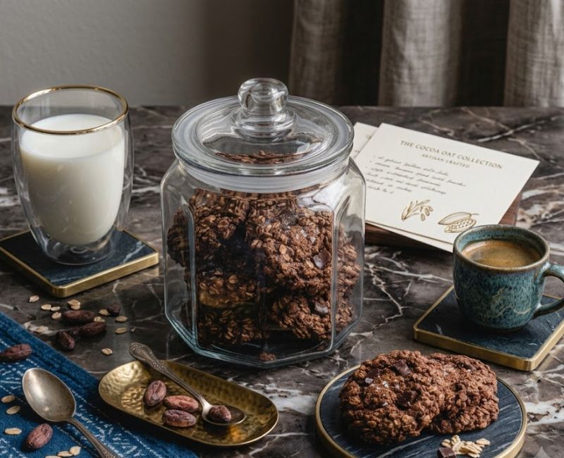 Homemade oats cocoa cookies served with milk and coffee