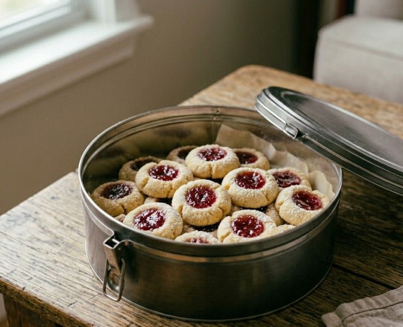 Fresh thumbprint cookies stored in an airtight container to maintain freshness