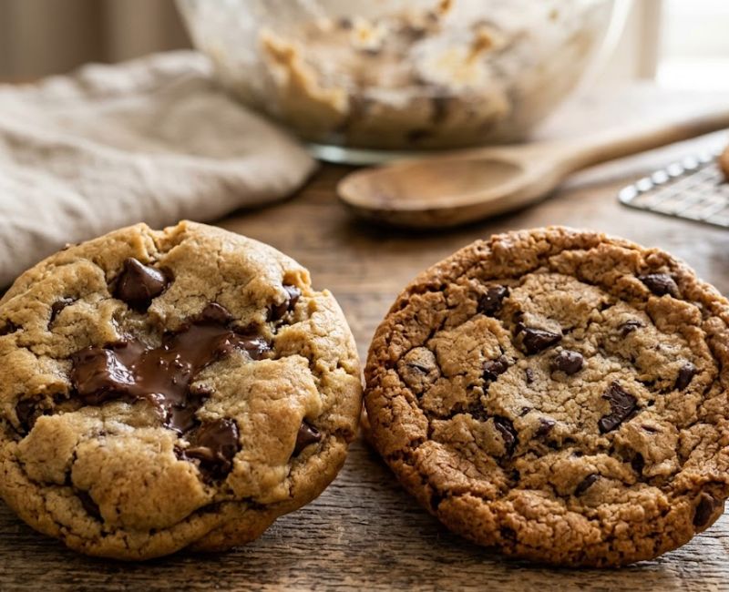 Soft and crispy chocolate chip cookies side by side