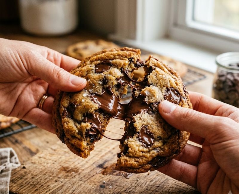 Fresh baked chocolate chip cookie with a soft center and melted chocolate