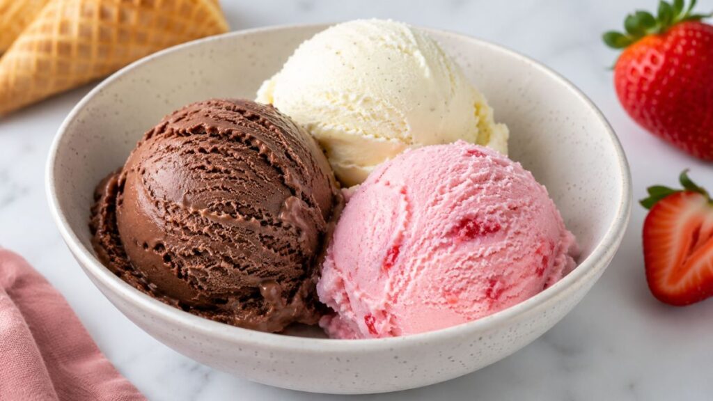 Neapolitan Ice Cream with chocolate, vanilla, and strawberry flavors