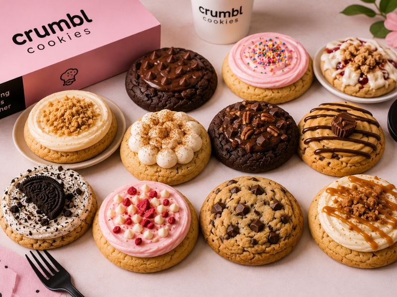 Assorted cookies from the Crumbl cookies menu displayed with different flavors