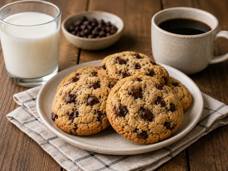 Serving gluten free chocolate chip cookies with milk and coffee