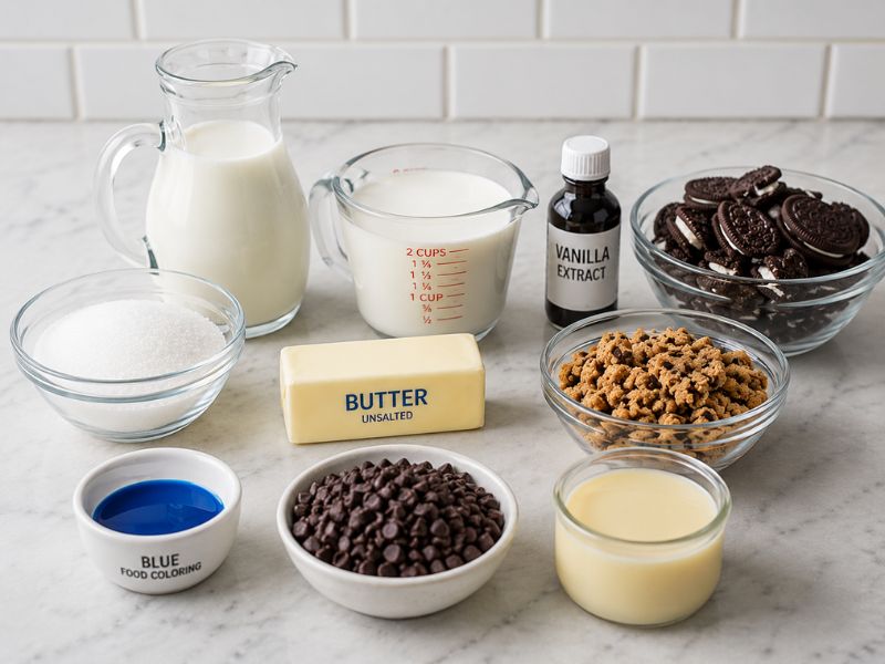 Ingredients for homemade cookie monster ice cream