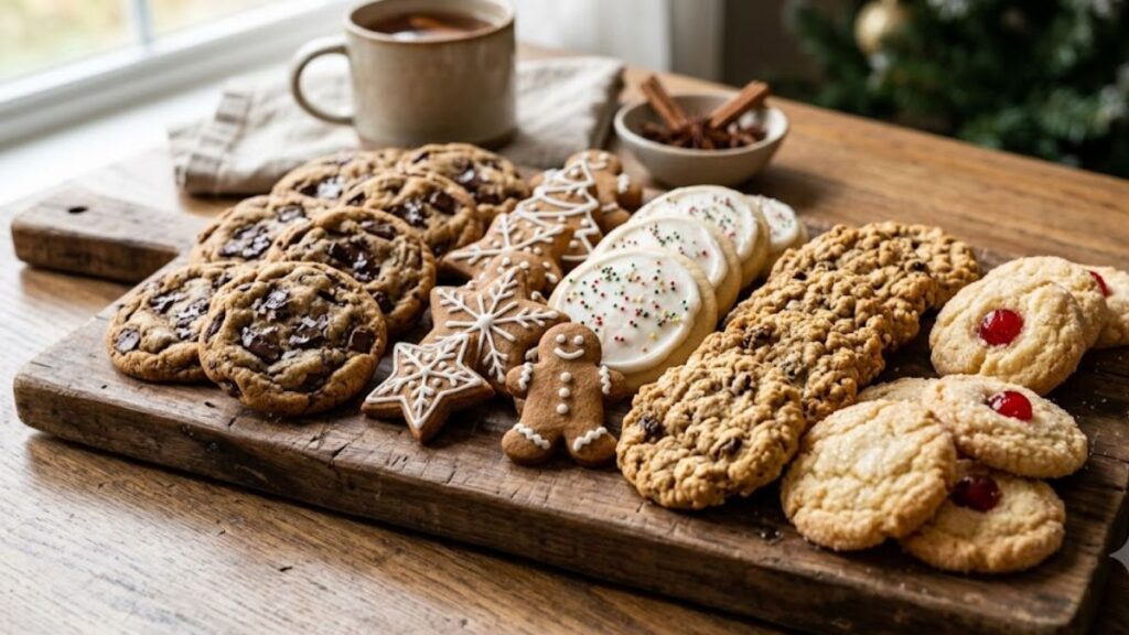 Types of cookies displayed on a wooden serving board