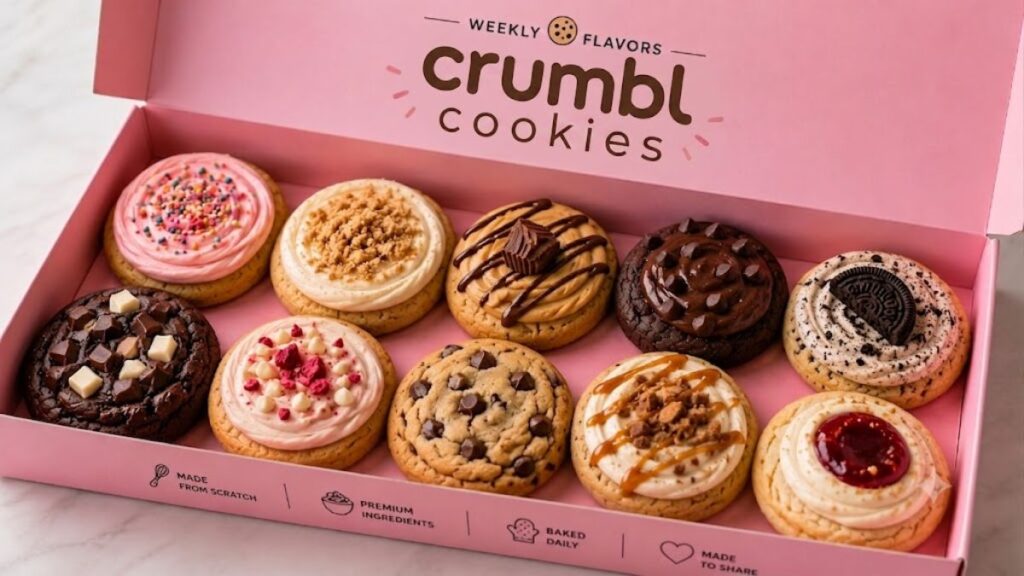 Crumbl cookies menu featuring weekly rotating flavors in the signature pink box