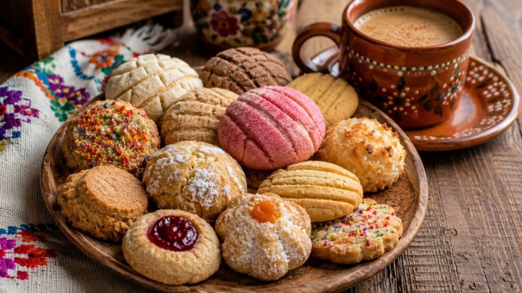 Assorted Mexican cookies served with coffee on a rustic wooden table