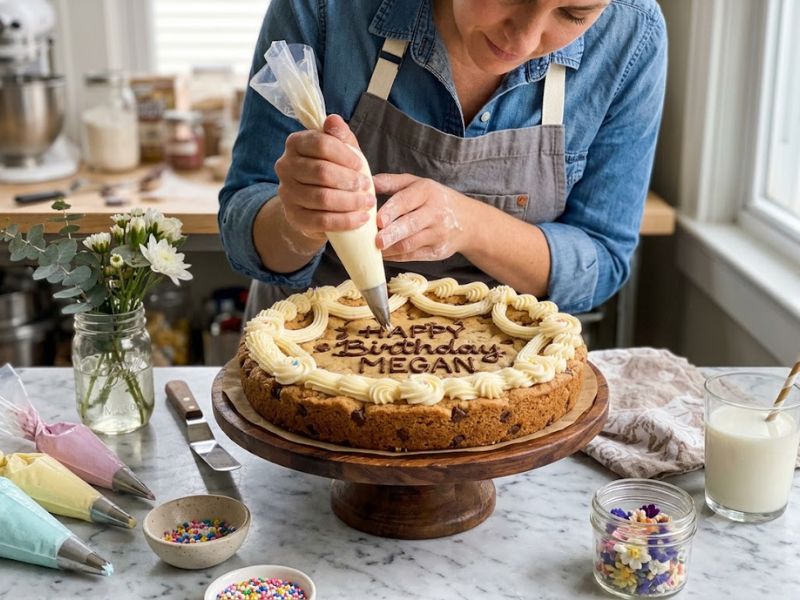 Personalized cookie cake being decorated