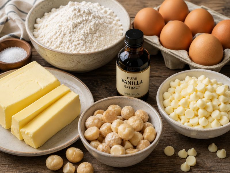 Ingredients for white chocolate macadamia nut cookie recipe