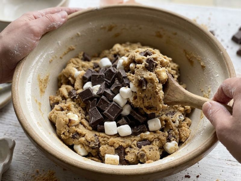 Adding chocolate and marshmallows to cookie dough