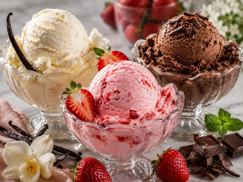 Classic ice cream flavors including vanilla, chocolate, and strawberry