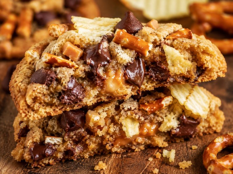 Loaded kitchen sink cookie with chocolate chips and pretzels