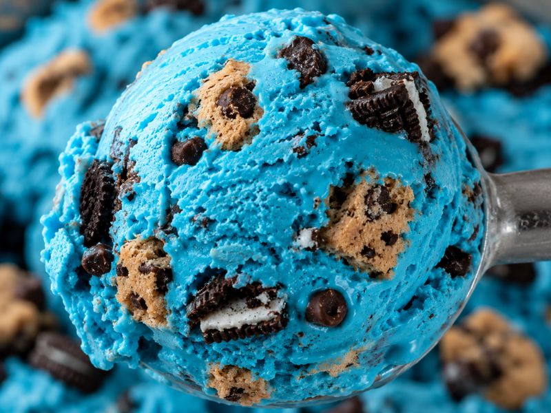 Close-up of cookie monster ice cream with cookie chunks