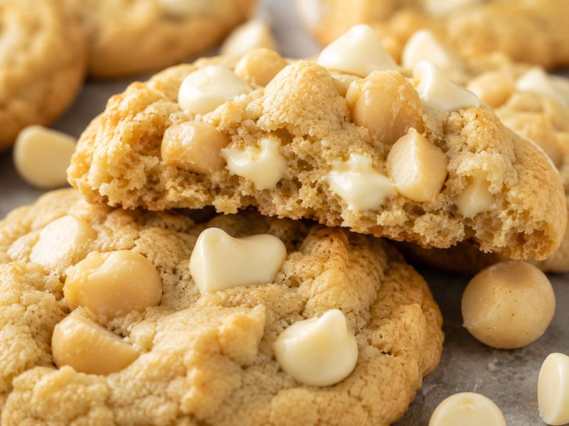 Soft center of white chocolate macadamia nut cookies