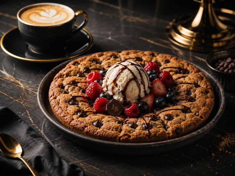 Personalized cookie cake served with ice cream and coffee