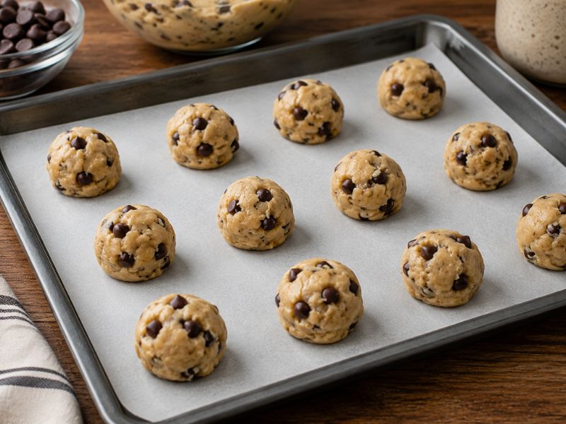 Cookie dough balls on a parchment-lined baking tray