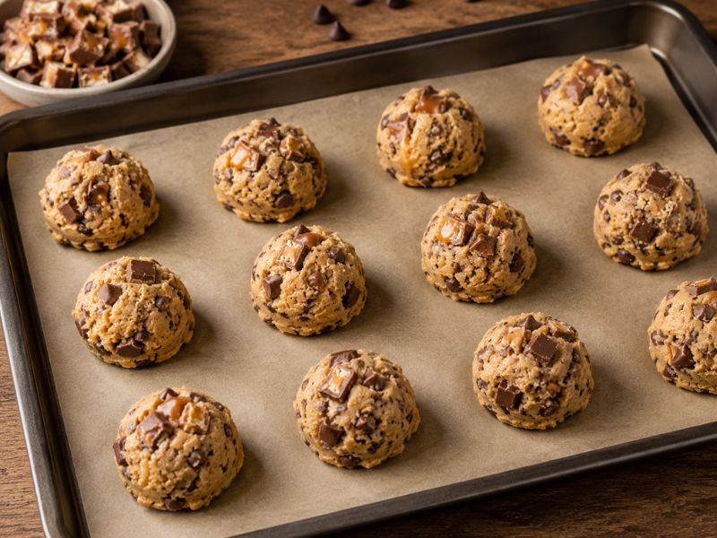 Cookie dough ready to bake on a baking sheet