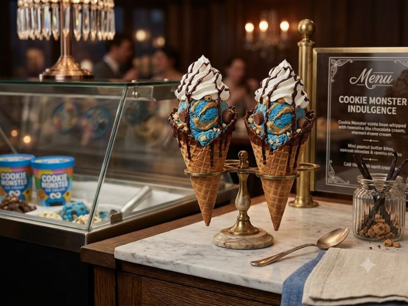 Cookie monster ice cream served in waffle cones with toppings