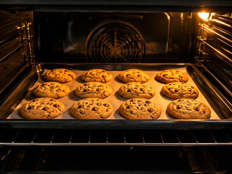 Baking white chocolate macadamia nut cookies in the oven