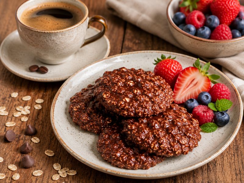 Serving no bake chocolate oatmeal cookies with coffee