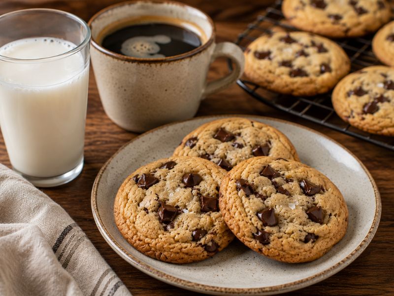 Sourdough chocolate chip cookies served with milk and coffee